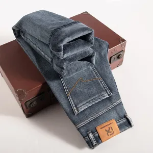 2022 Winter New Men Blue Grey Fleece Thick Jeans Zippered Pocket Design Cargo Jeans Trendy Denim Warm Pants Male Brand Trousers
