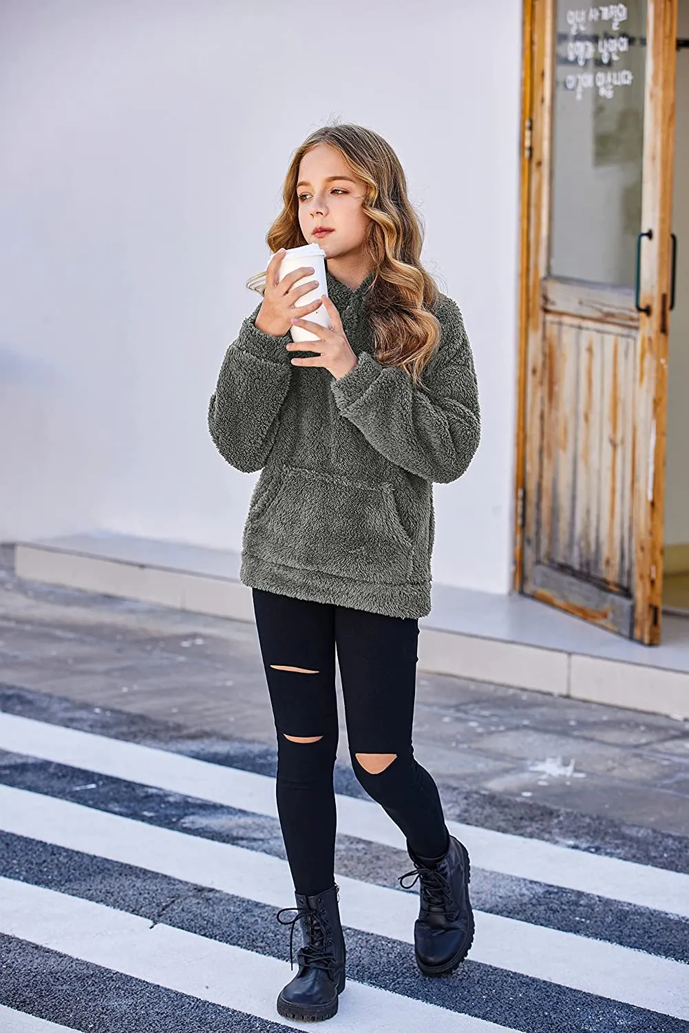 Arshiner Girls Warm Hoodie Sherpa Fleece Pullover