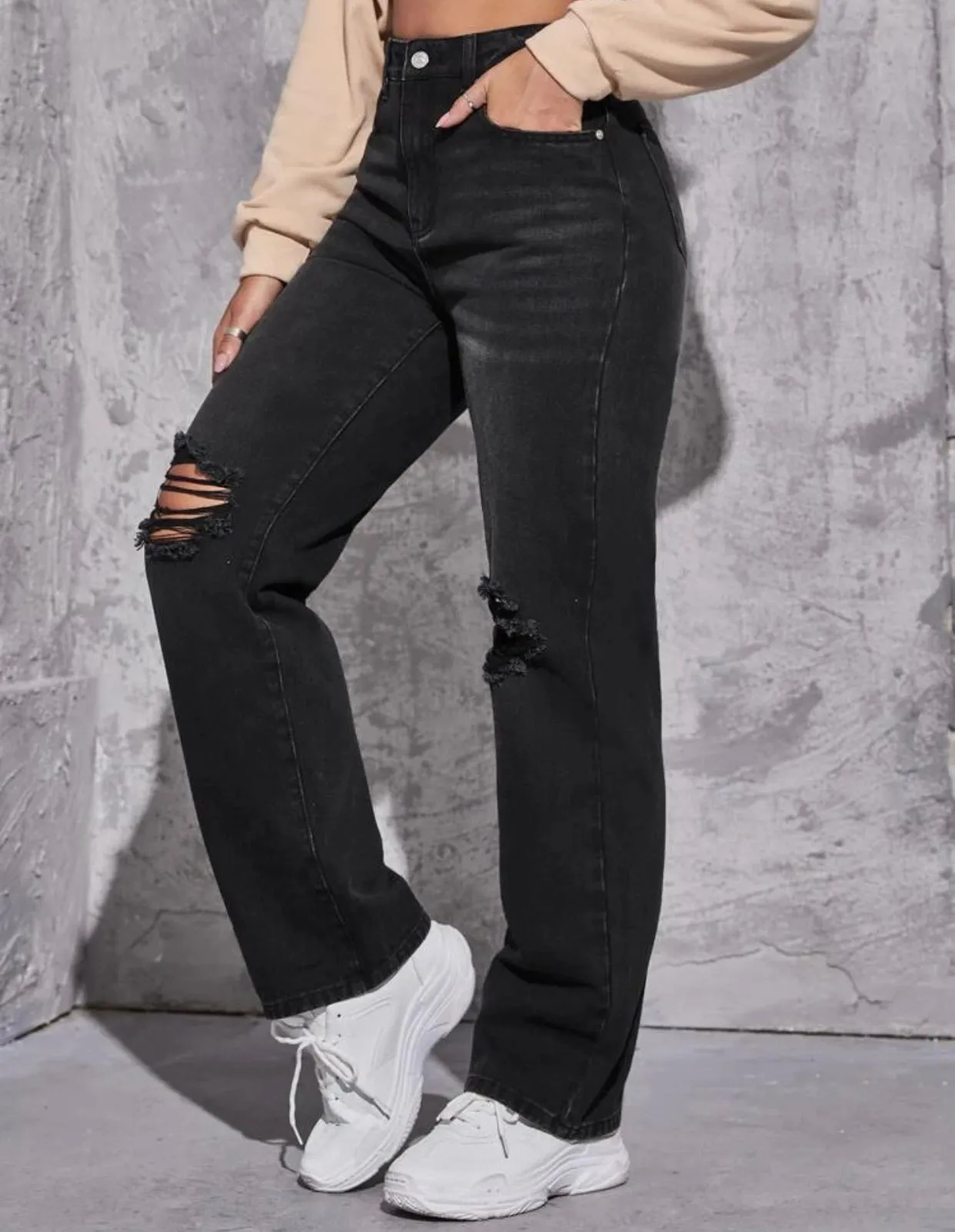 Black High waisted straight leg ripped jeans