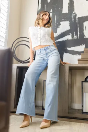 Bradley High Rise Raw Hem Wide Leg Jeans Light Wash