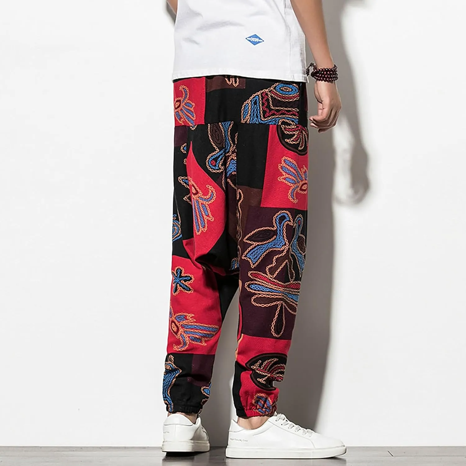 CRNTCEM Mens Printed Harem Pants Straigth Leg Cotton Drop Crotch Atheltic Yoga Trouser Baggy Boho Hippie Pants