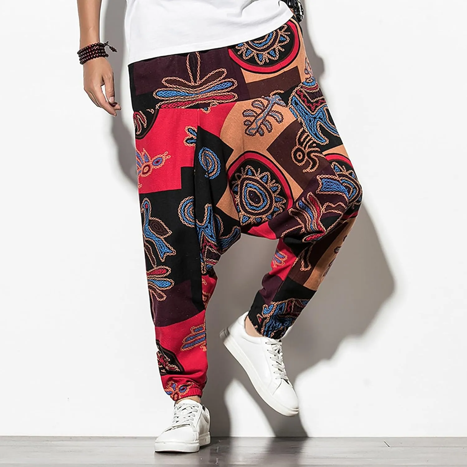 CRNTCEM Mens Printed Harem Pants Straigth Leg Cotton Drop Crotch Atheltic Yoga Trouser Baggy Boho Hippie Pants
