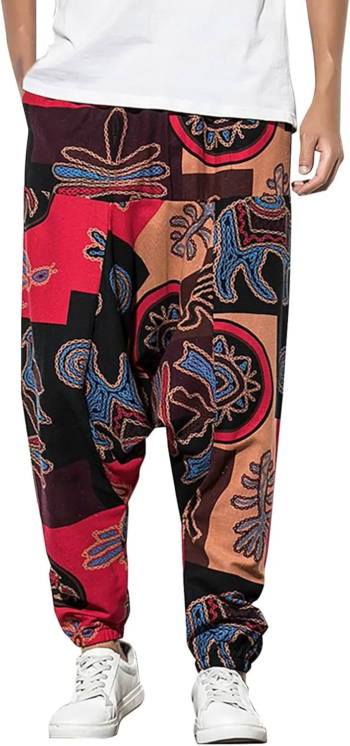 CRNTCEM Mens Printed Harem Pants Straigth Leg Cotton Drop Crotch Atheltic Yoga Trouser Baggy Boho Hippie Pants