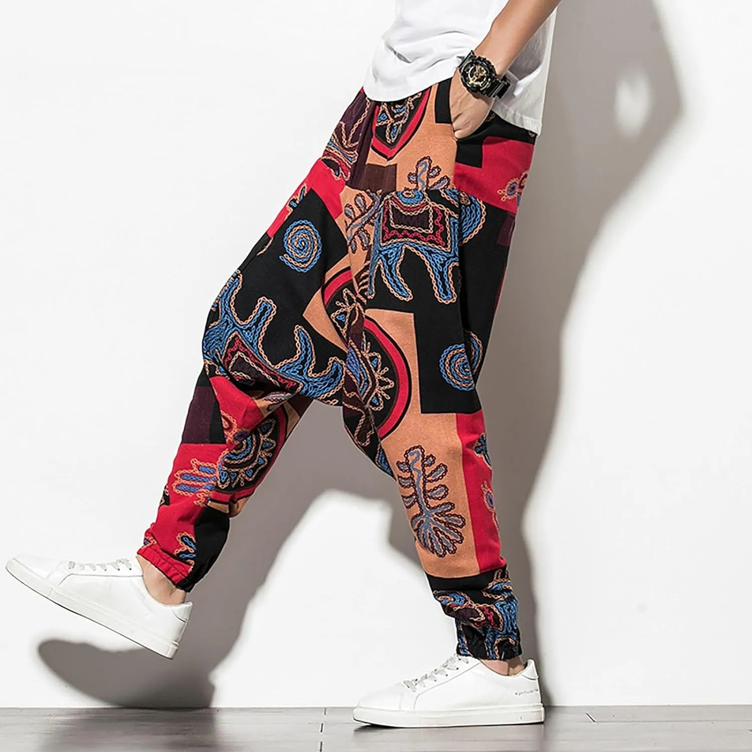 CRNTCEM Mens Printed Harem Pants Straigth Leg Cotton Drop Crotch Atheltic Yoga Trouser Baggy Boho Hippie Pants