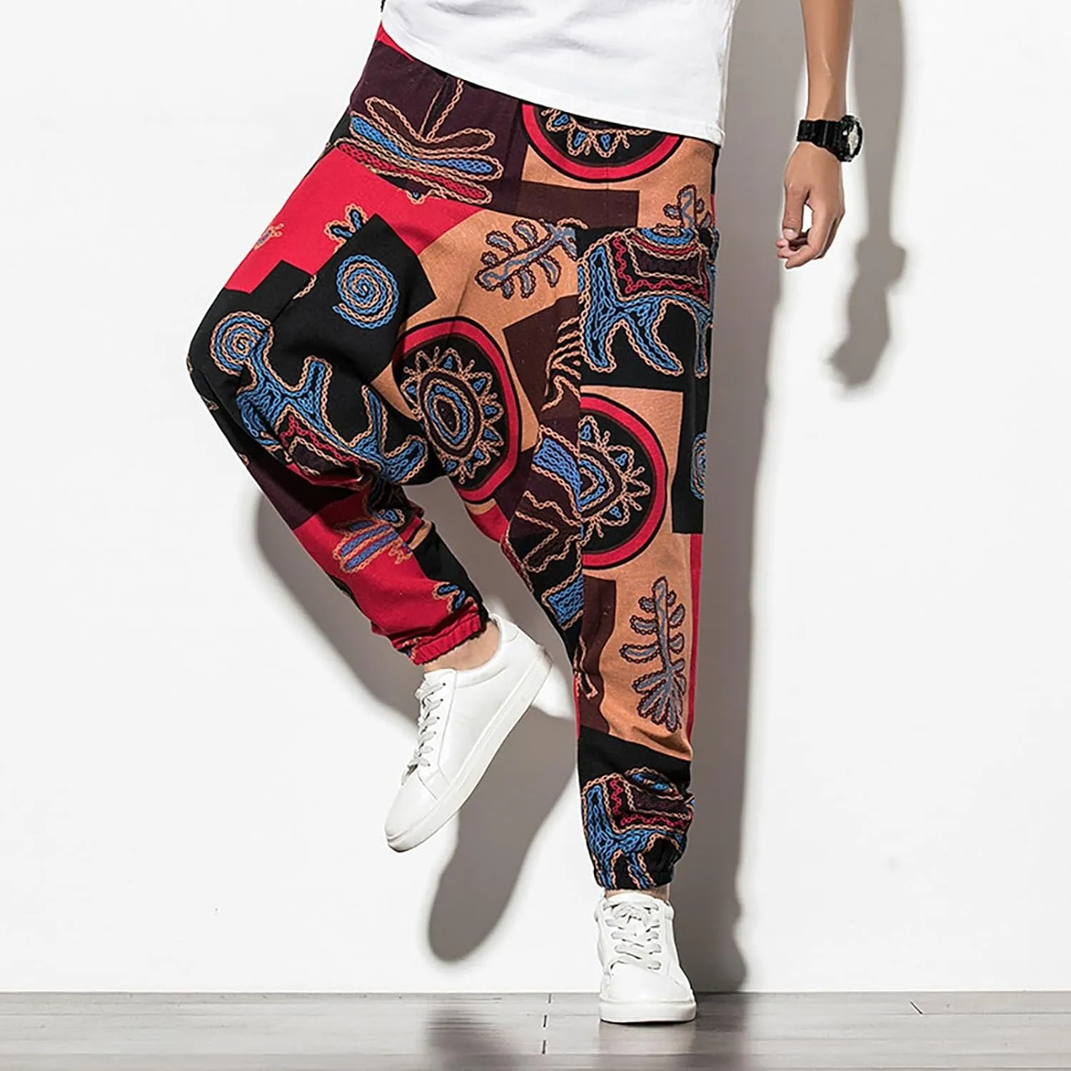 CRNTCEM Mens Printed Harem Pants Straigth Leg Cotton Drop Crotch Atheltic Yoga Trouser Baggy Boho Hippie Pants