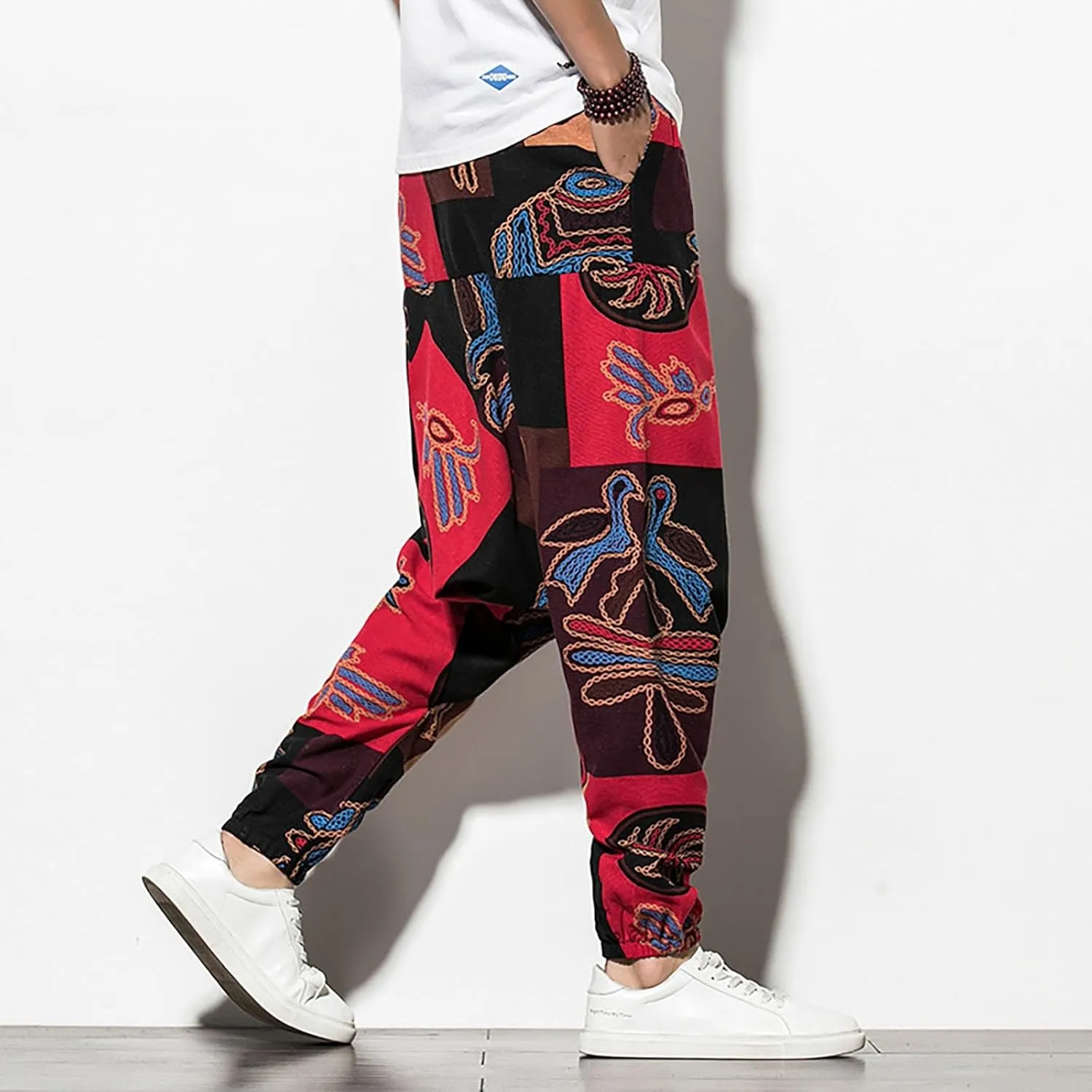 CRNTCEM Mens Printed Harem Pants Straigth Leg Cotton Drop Crotch Atheltic Yoga Trouser Baggy Boho Hippie Pants