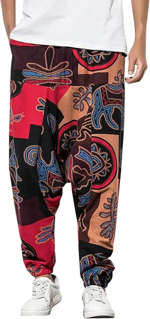 CRNTCEM Mens Printed Harem Pants Straigth Leg Cotton Drop Crotch Atheltic Yoga Trouser Baggy Boho Hippie Pants