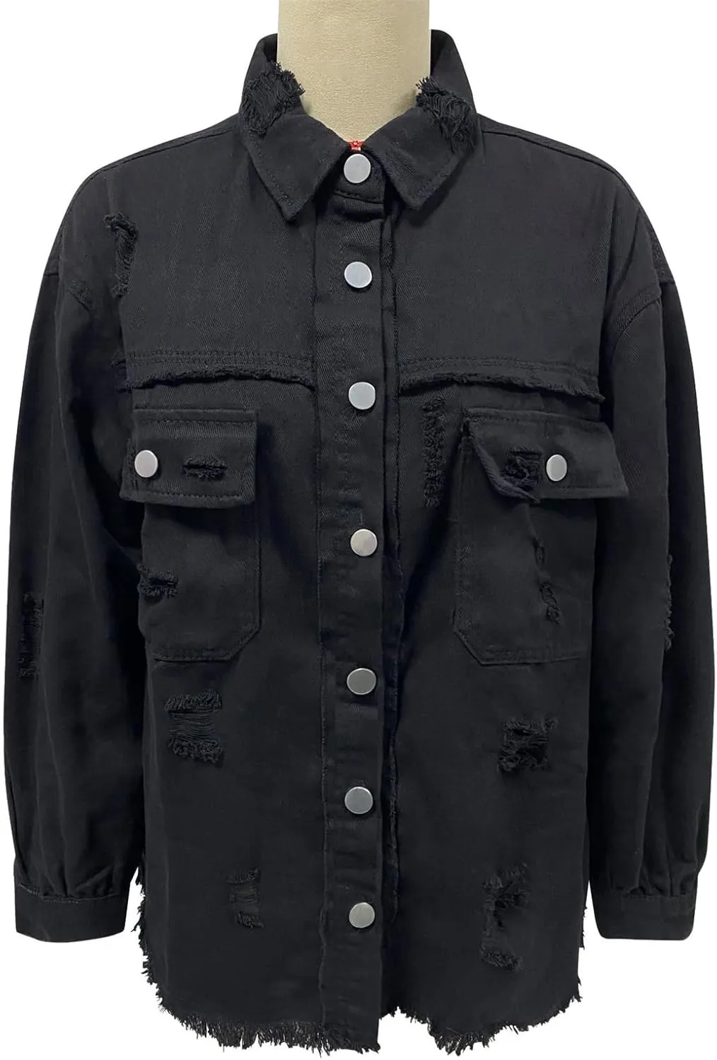Denim Jacket for Women Frayed Hem Ripped Distressed Jean Jacket Oversized Long Sleeve Button Down Shirt Shacket