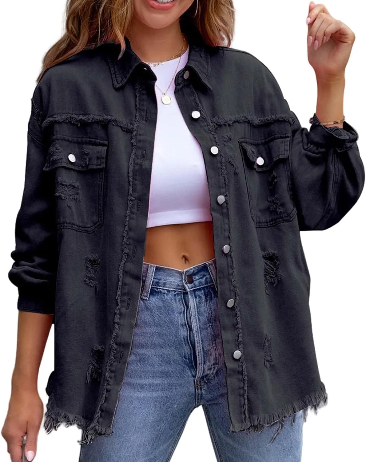 Denim Jacket for Women Frayed Hem Ripped Distressed Jean Jacket Oversized Long Sleeve Button Down Shirt Shacket