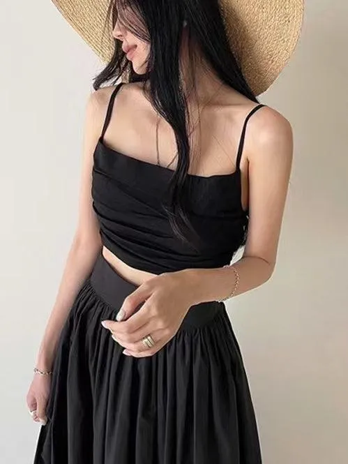 Elegant Ruffled Camisole high Waist A-line Skirt 2 set