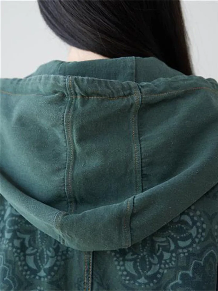 Free Size Hooded Printed Single Breasted Jacket