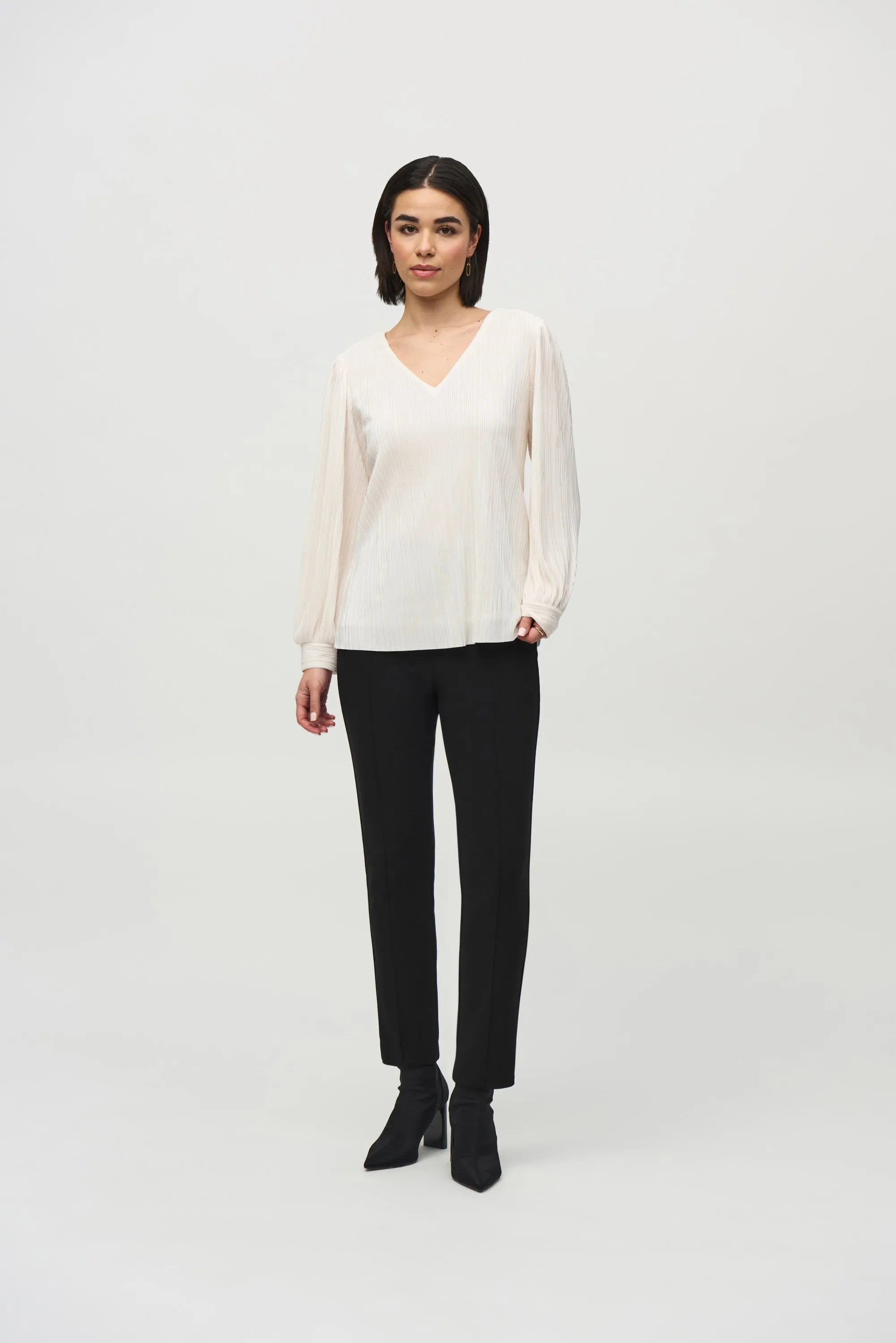 Joseph Ribkoff Women's Pleated Knit Boxy V-Neck Top