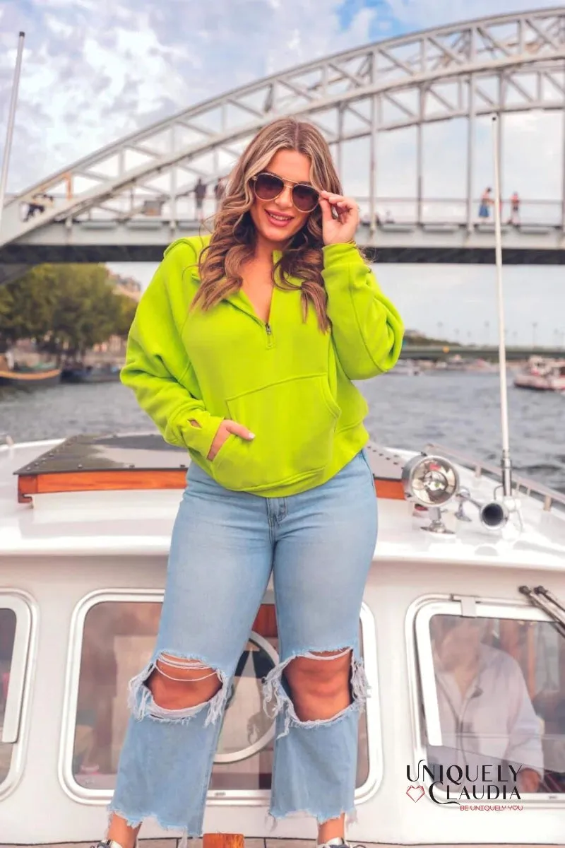 Kenna Hooded Quarter Zip Sweatshirt With Thumb Holes