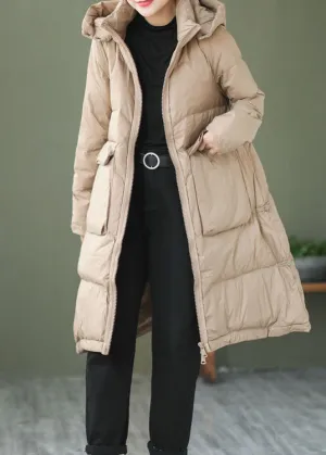 Khaki Casual Duck Down Down Jacket Hooded Winter