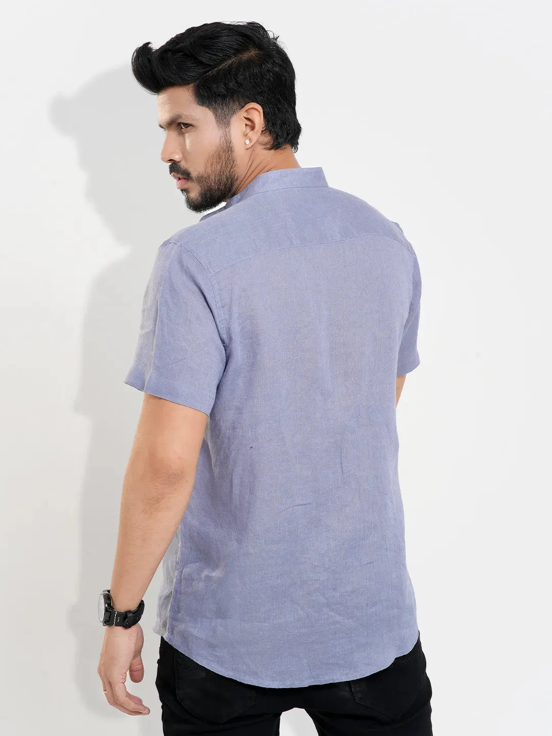 Men's Band Collar Casual Short Sleeve Shirt