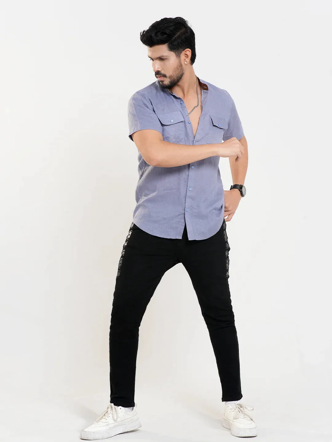 Men's Band Collar Casual Short Sleeve Shirt