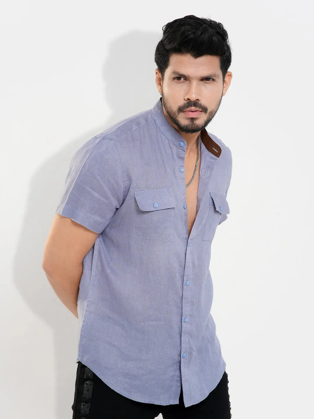Men's Band Collar Casual Short Sleeve Shirt