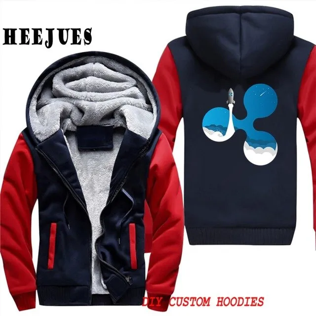 Men's Casual Outerwears Winter Warm Thickening Velvet Ripple Rocket XRP Crypto Currency Hooded Coat Male Warm Hoodies Tracksuits
