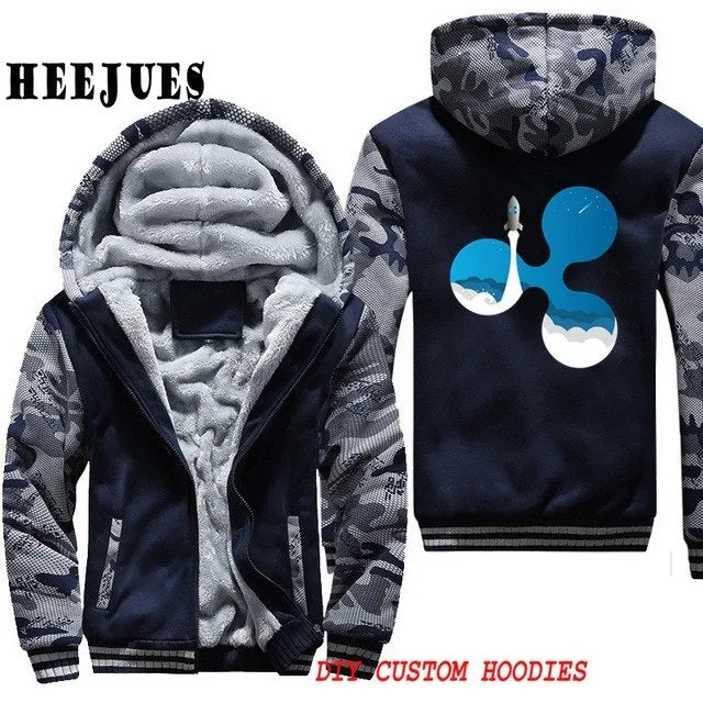 Men's Casual Outerwears Winter Warm Thickening Velvet Ripple Rocket XRP Crypto Currency Hooded Coat Male Warm Hoodies Tracksuits