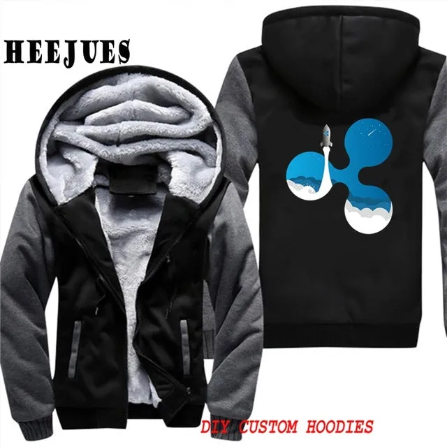 Men's Casual Outerwears Winter Warm Thickening Velvet Ripple Rocket XRP Crypto Currency Hooded Coat Male Warm Hoodies Tracksuits