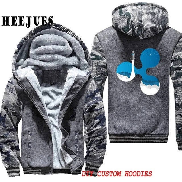 Men's Casual Outerwears Winter Warm Thickening Velvet Ripple Rocket XRP Crypto Currency Hooded Coat Male Warm Hoodies Tracksuits