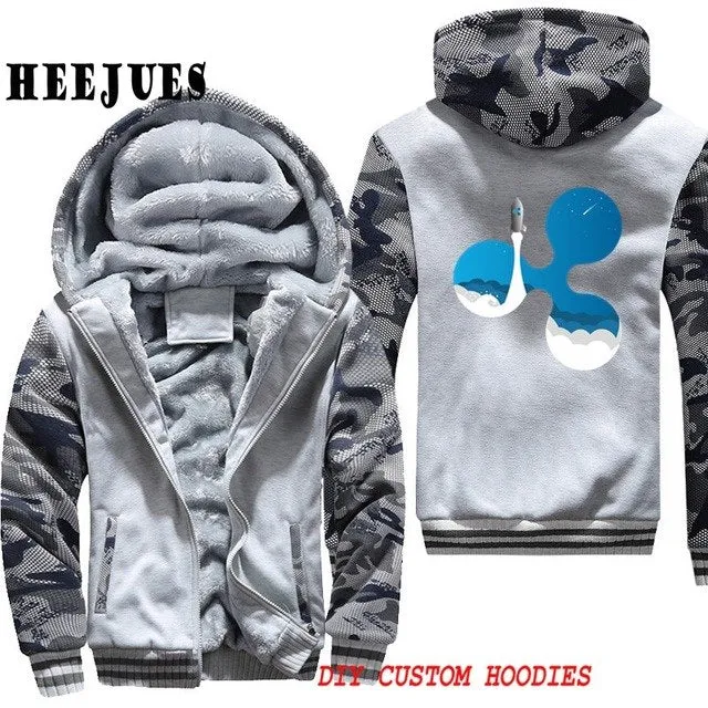 Men's Casual Outerwears Winter Warm Thickening Velvet Ripple Rocket XRP Crypto Currency Hooded Coat Male Warm Hoodies Tracksuits