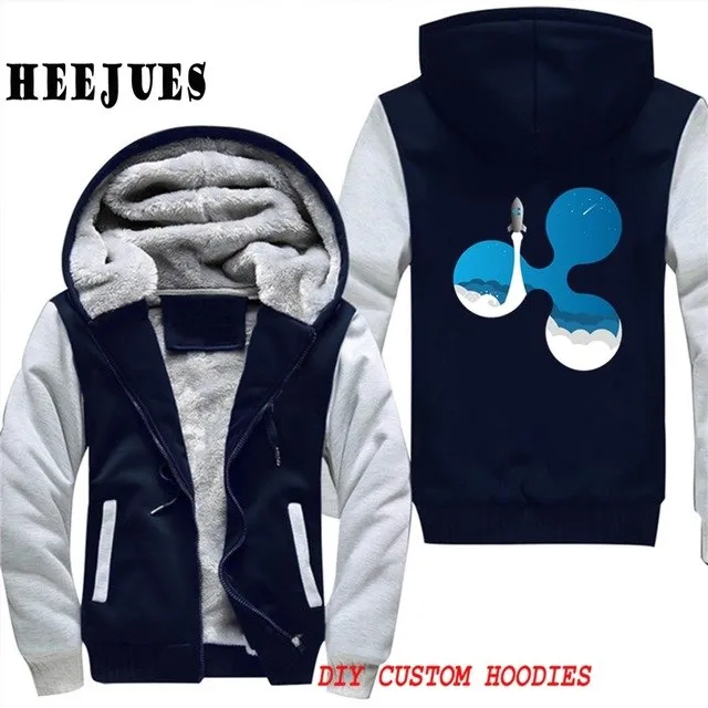 Men's Casual Outerwears Winter Warm Thickening Velvet Ripple Rocket XRP Crypto Currency Hooded Coat Male Warm Hoodies Tracksuits