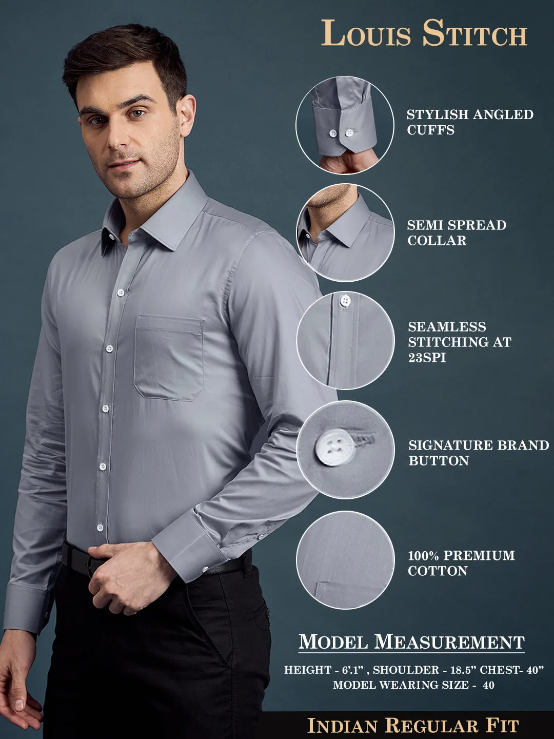 Men's Regular Fit Solid Grey Formal Shirt