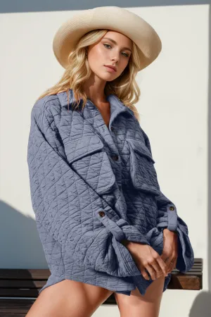 NicholesGifts Women Double Take Button Up Quilted Shacket with Chest Pockets
