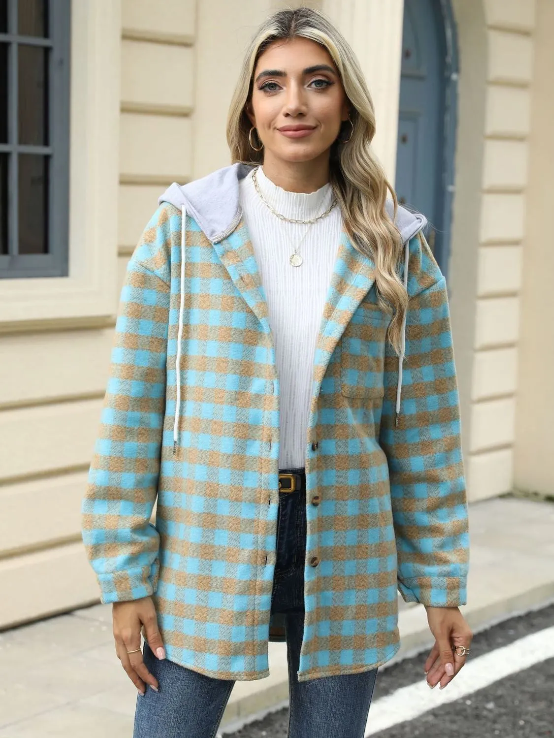 NicholesGifts Women Drawstring Plaid Long Sleeve Hooded Jacket