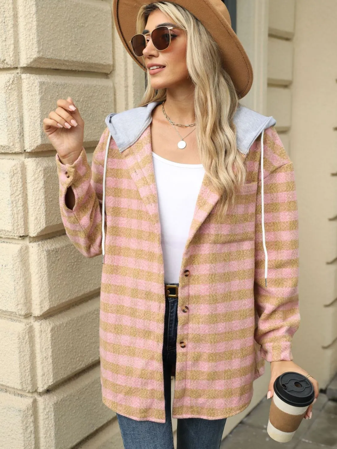 NicholesGifts Women Drawstring Plaid Long Sleeve Hooded Jacket