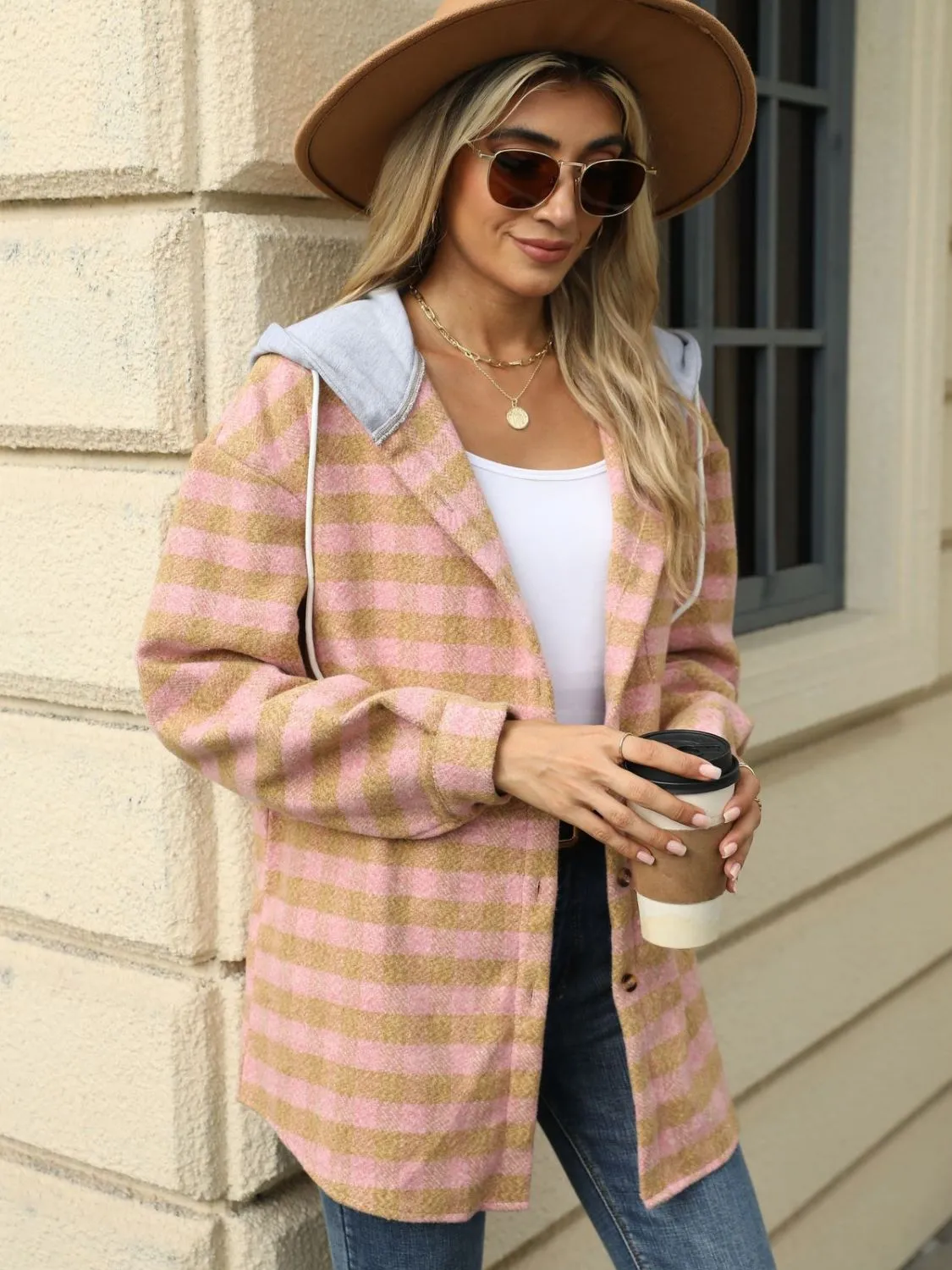 NicholesGifts Women Drawstring Plaid Long Sleeve Hooded Jacket