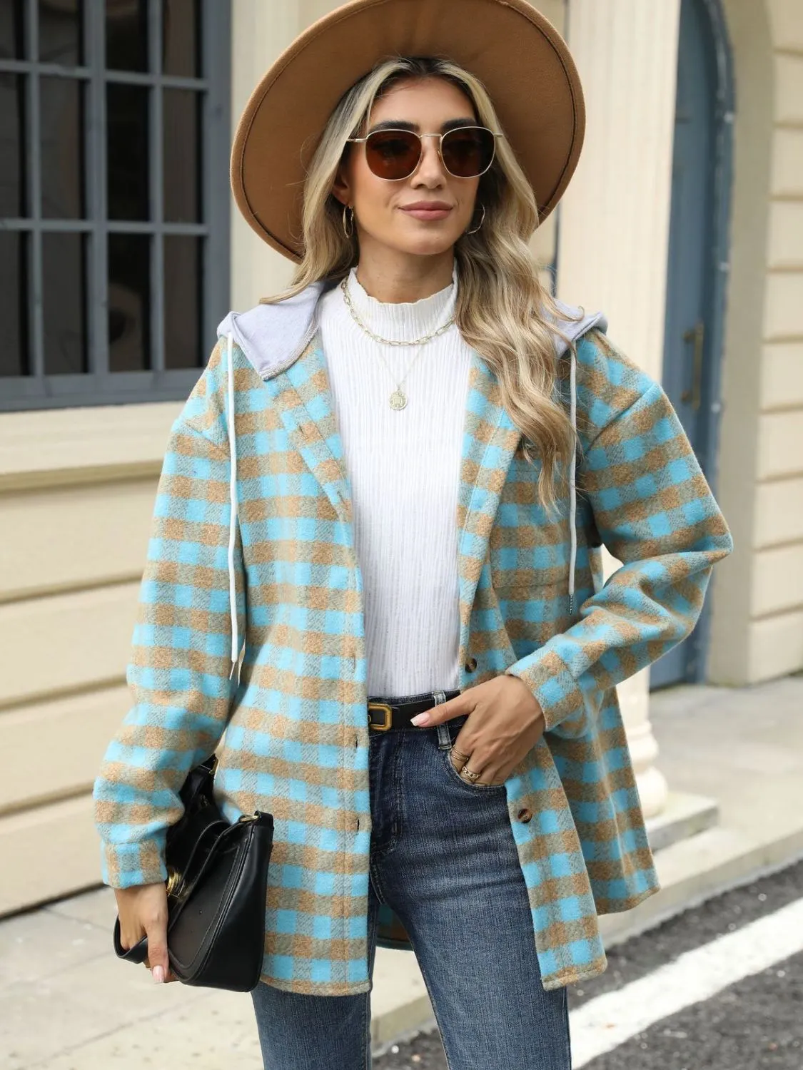 NicholesGifts Women Drawstring Plaid Long Sleeve Hooded Jacket
