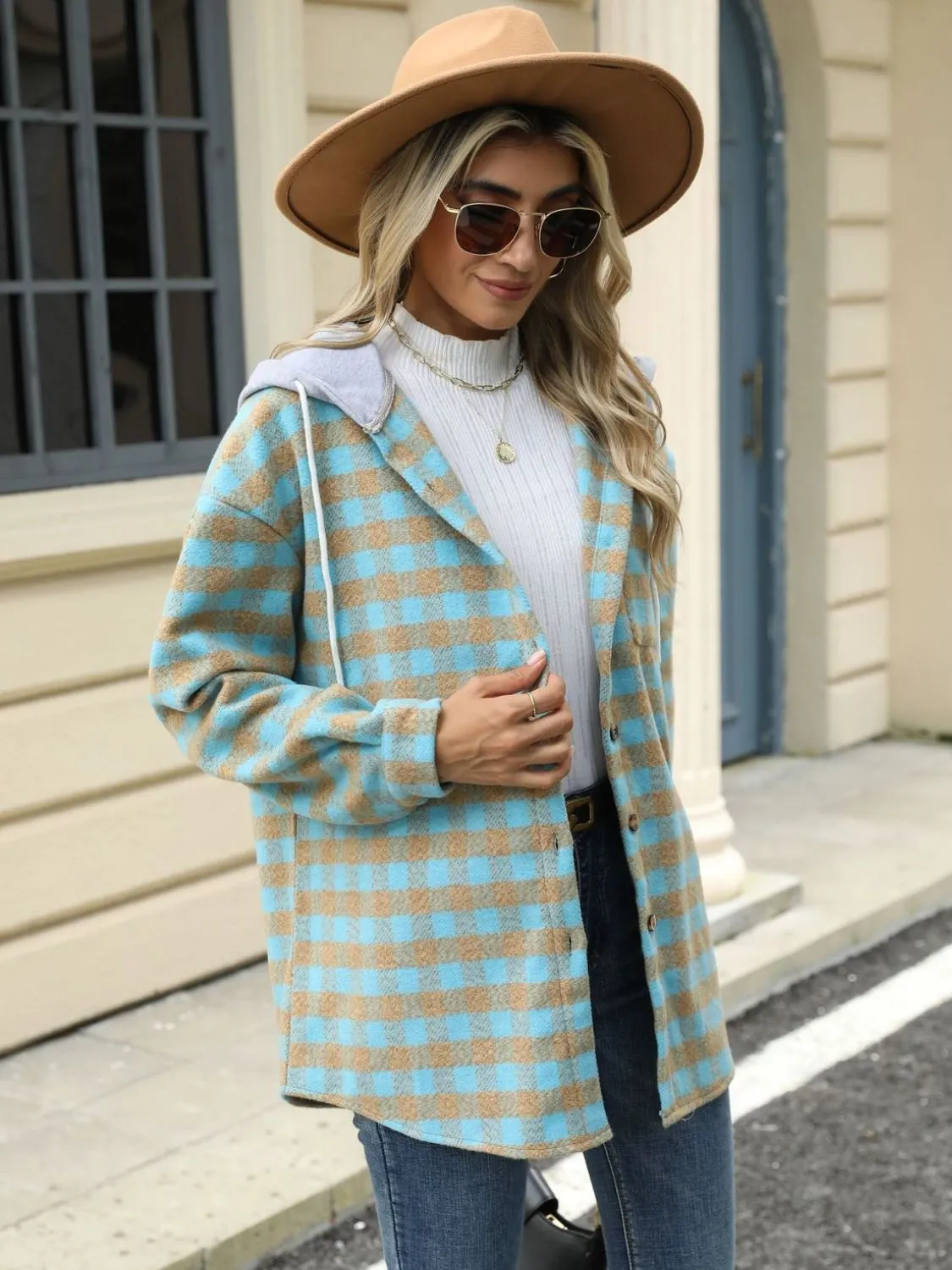 NicholesGifts Women Drawstring Plaid Long Sleeve Hooded Jacket