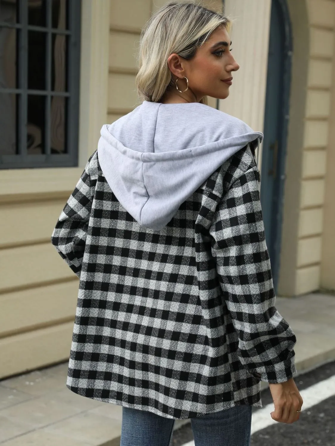 NicholesGifts Women Drawstring Plaid Long Sleeve Hooded Jacket