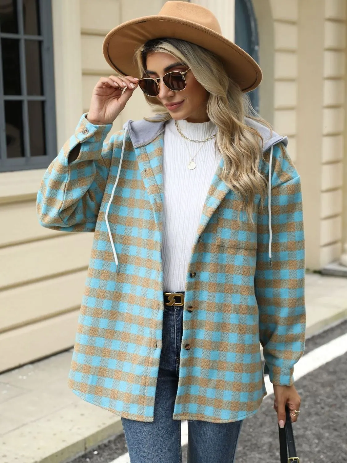 NicholesGifts Women Drawstring Plaid Long Sleeve Hooded Jacket