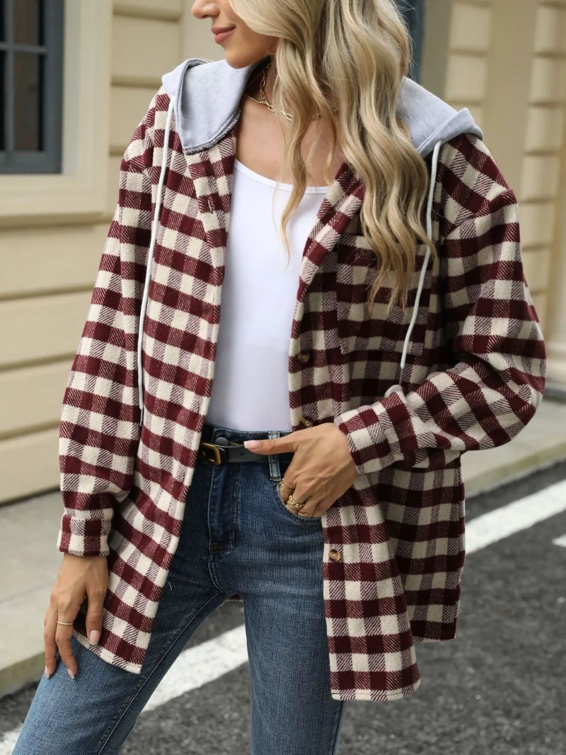NicholesGifts Women Drawstring Plaid Long Sleeve Hooded Jacket