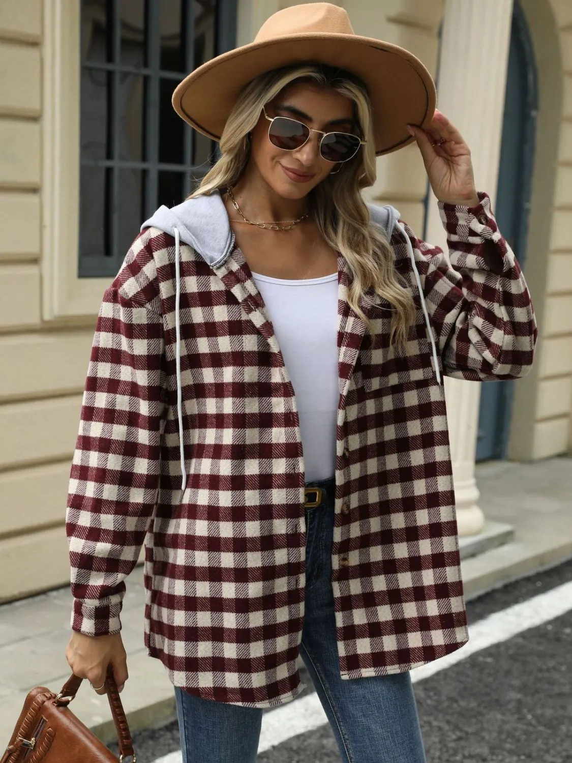 NicholesGifts Women Drawstring Plaid Long Sleeve Hooded Jacket