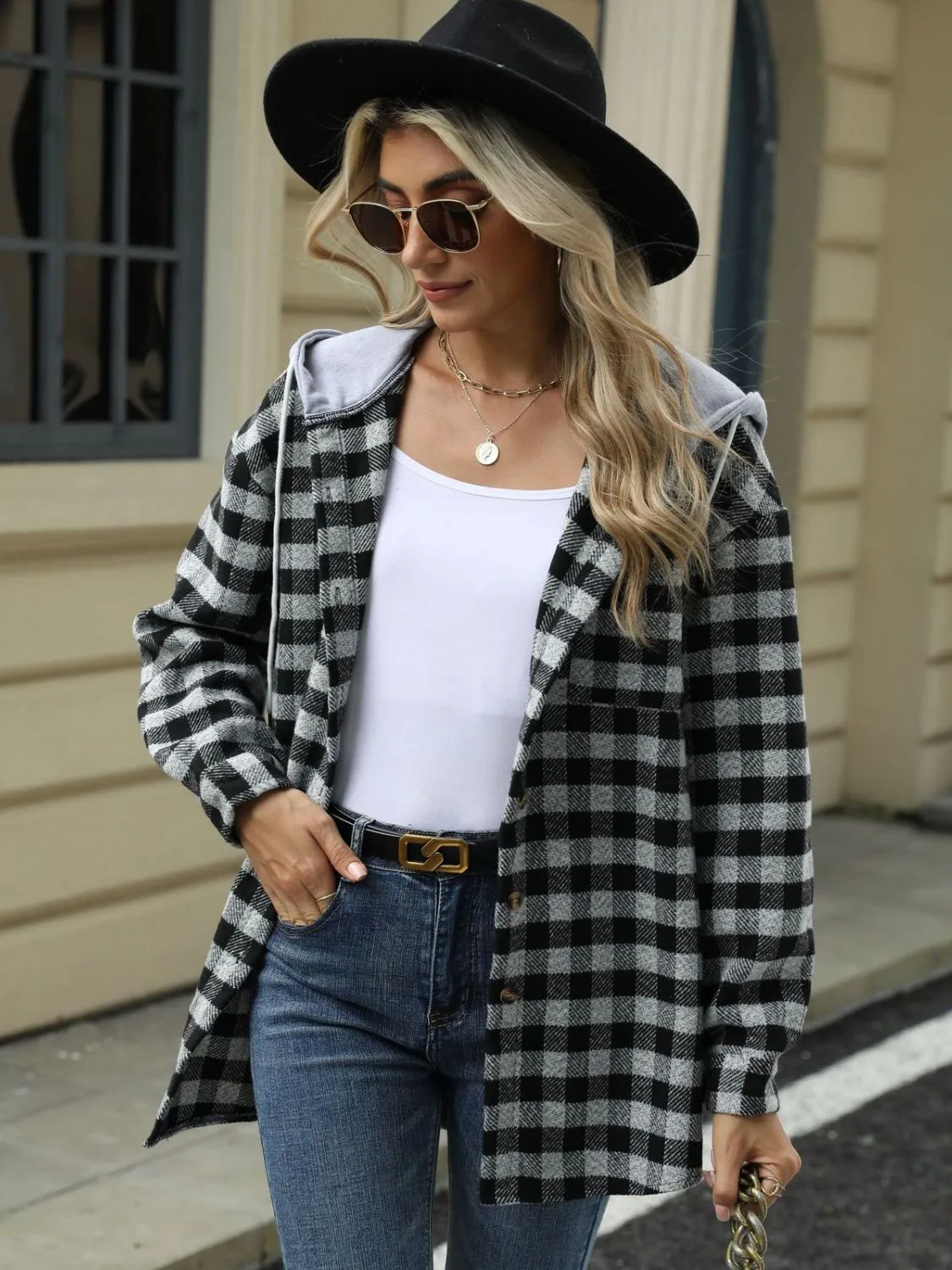 NicholesGifts Women Drawstring Plaid Long Sleeve Hooded Jacket