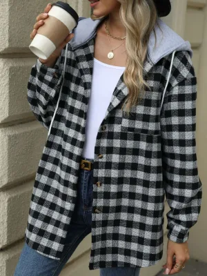 NicholesGifts Women Drawstring Plaid Long Sleeve Hooded Jacket