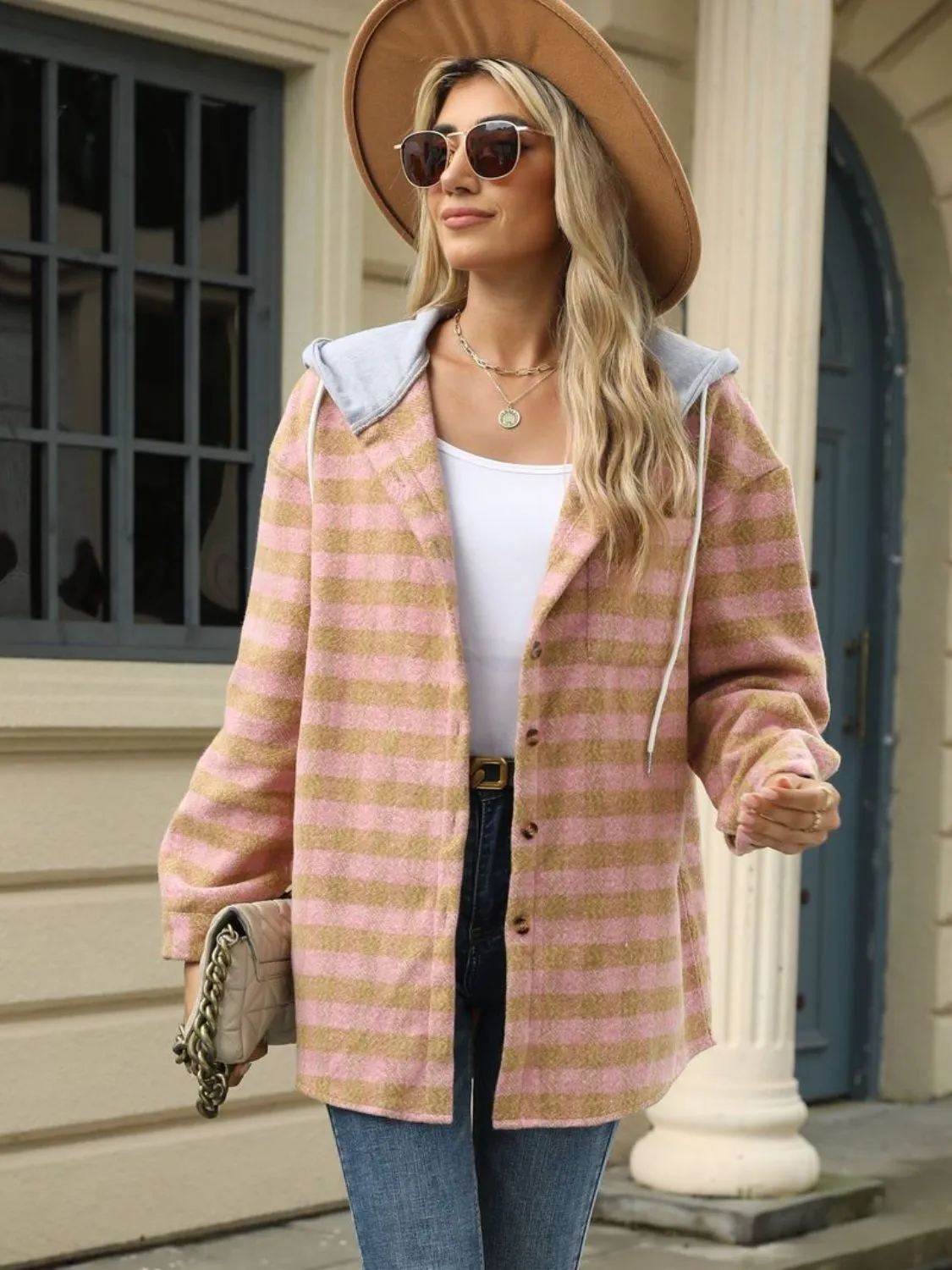 NicholesGifts Women Drawstring Plaid Long Sleeve Hooded Jacket