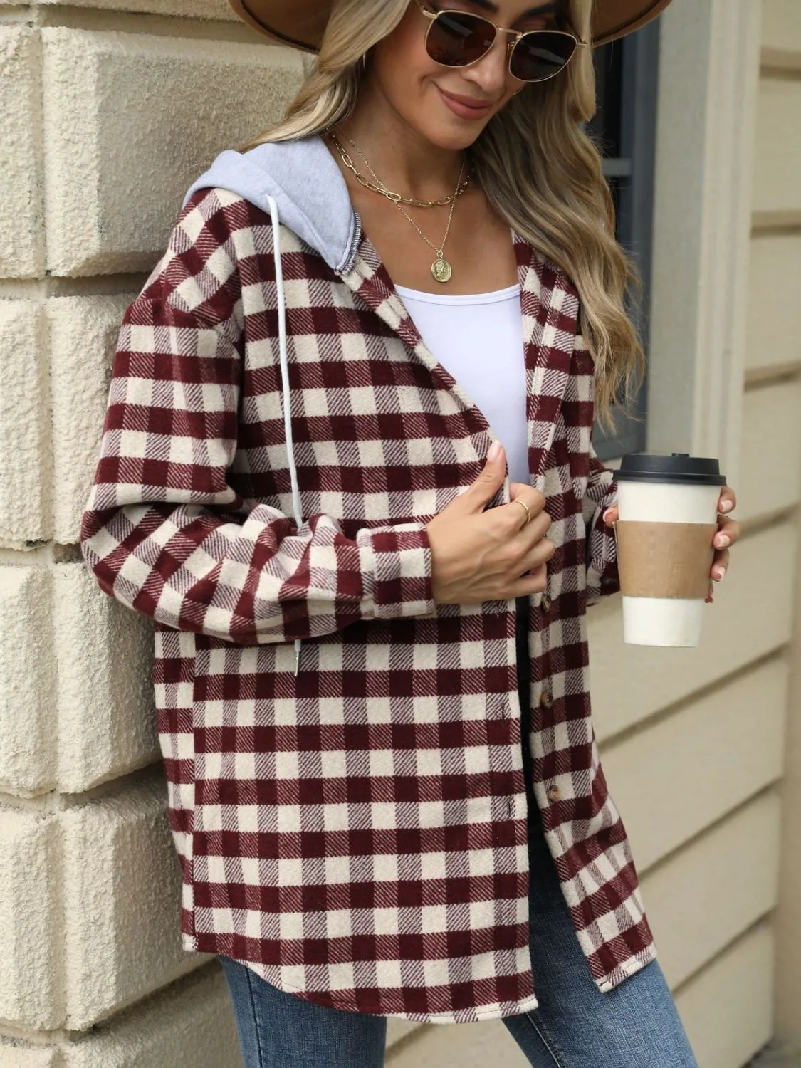 NicholesGifts Women Drawstring Plaid Long Sleeve Hooded Jacket