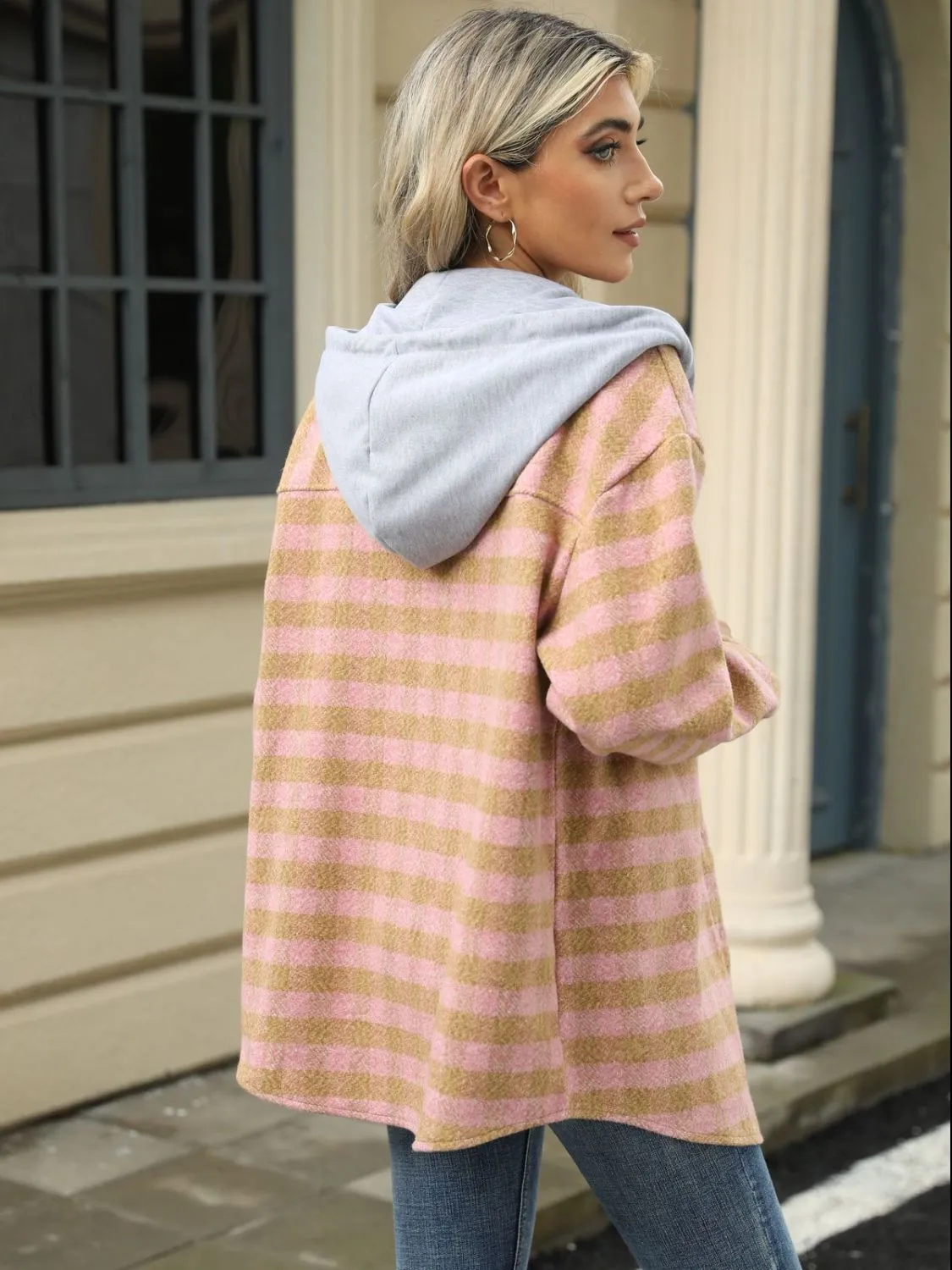NicholesGifts Women Drawstring Plaid Long Sleeve Hooded Jacket