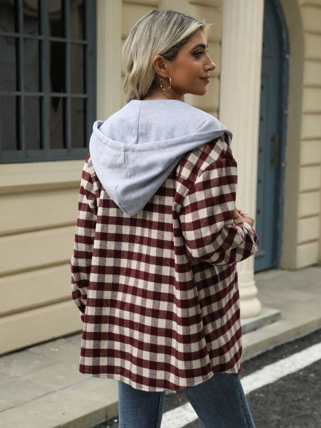 NicholesGifts Women Drawstring Plaid Long Sleeve Hooded Jacket