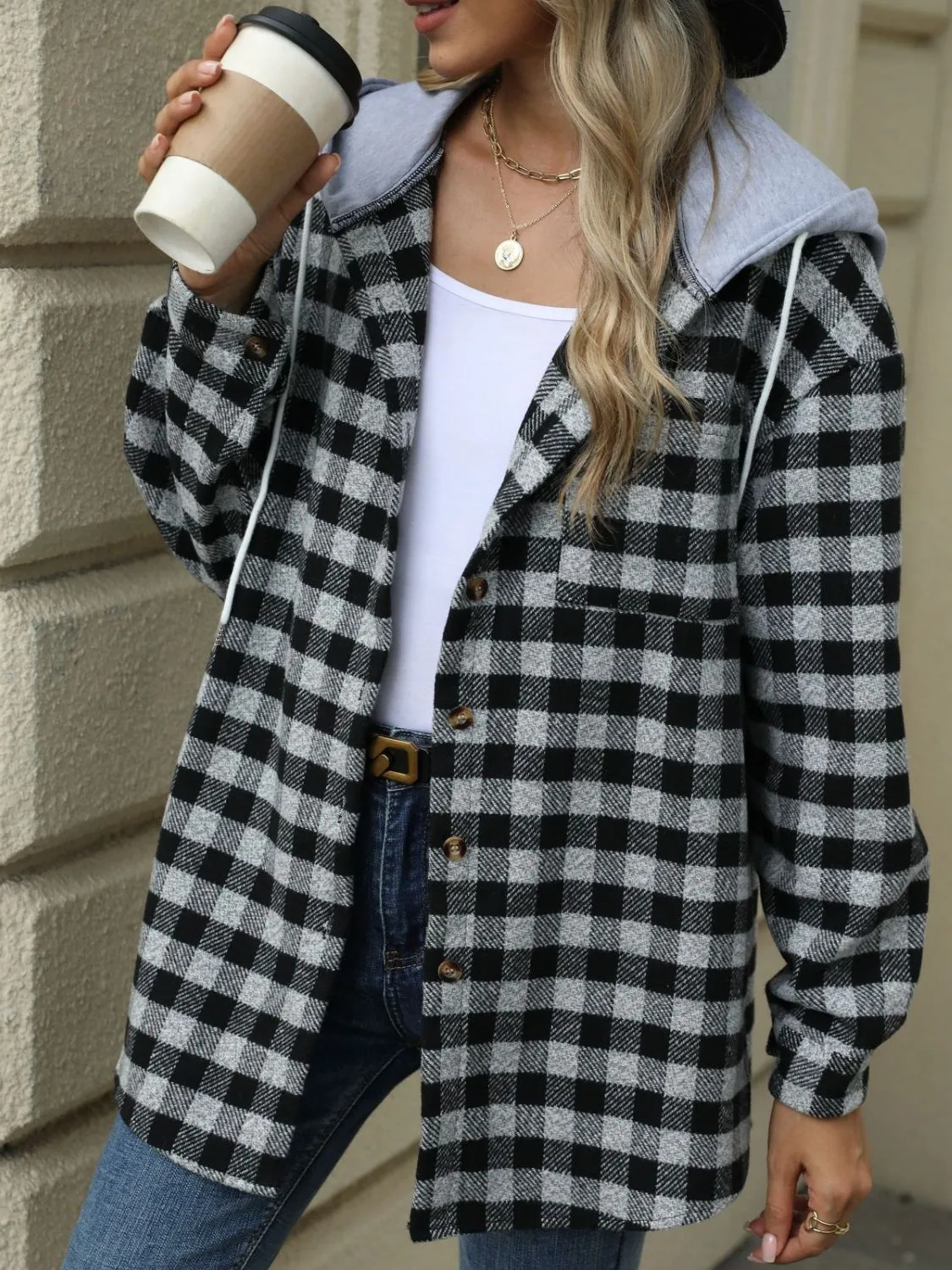 NicholesGifts Women Drawstring Plaid Long Sleeve Hooded Jacket