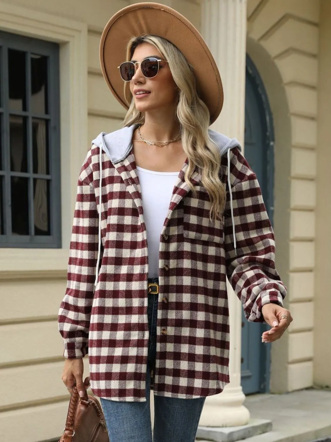 NicholesGifts Women Drawstring Plaid Long Sleeve Hooded Jacket
