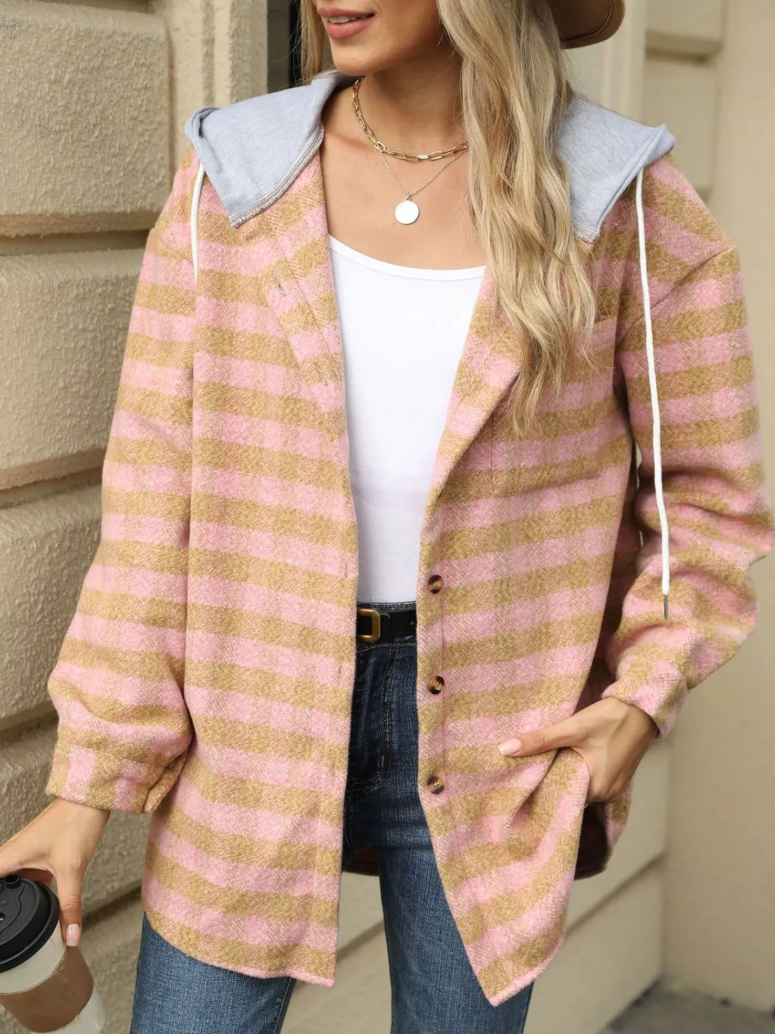 NicholesGifts Women Drawstring Plaid Long Sleeve Hooded Jacket