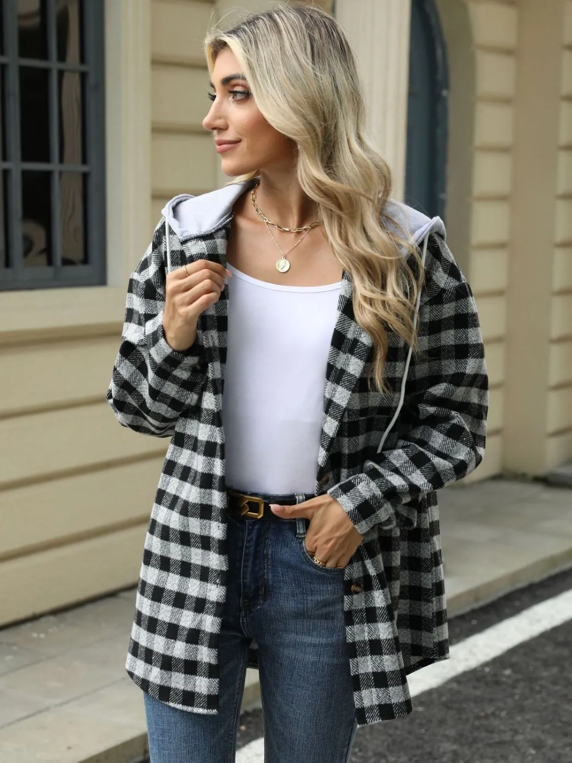NicholesGifts Women Drawstring Plaid Long Sleeve Hooded Jacket