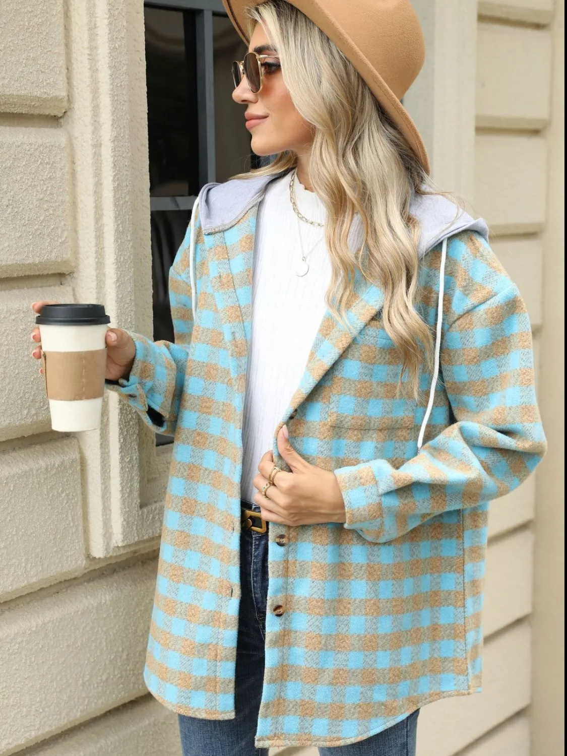 NicholesGifts Women Drawstring Plaid Long Sleeve Hooded Jacket