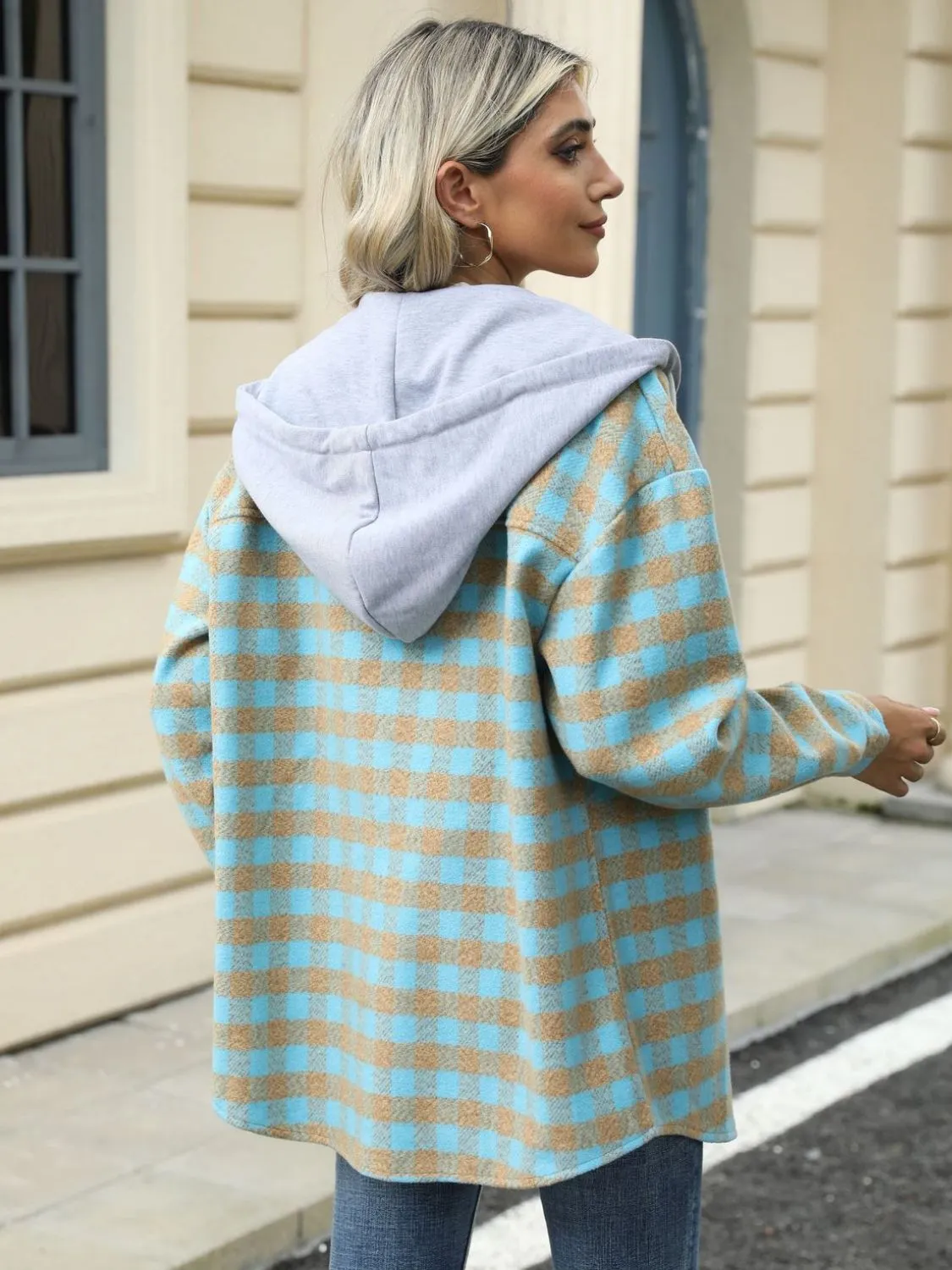NicholesGifts Women Drawstring Plaid Long Sleeve Hooded Jacket